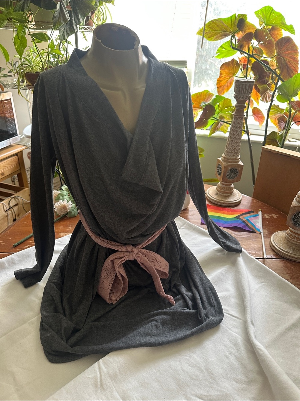 Women’s Draped Charcoal Gray Wrap Dress with Pink Belt Lilac Clothing